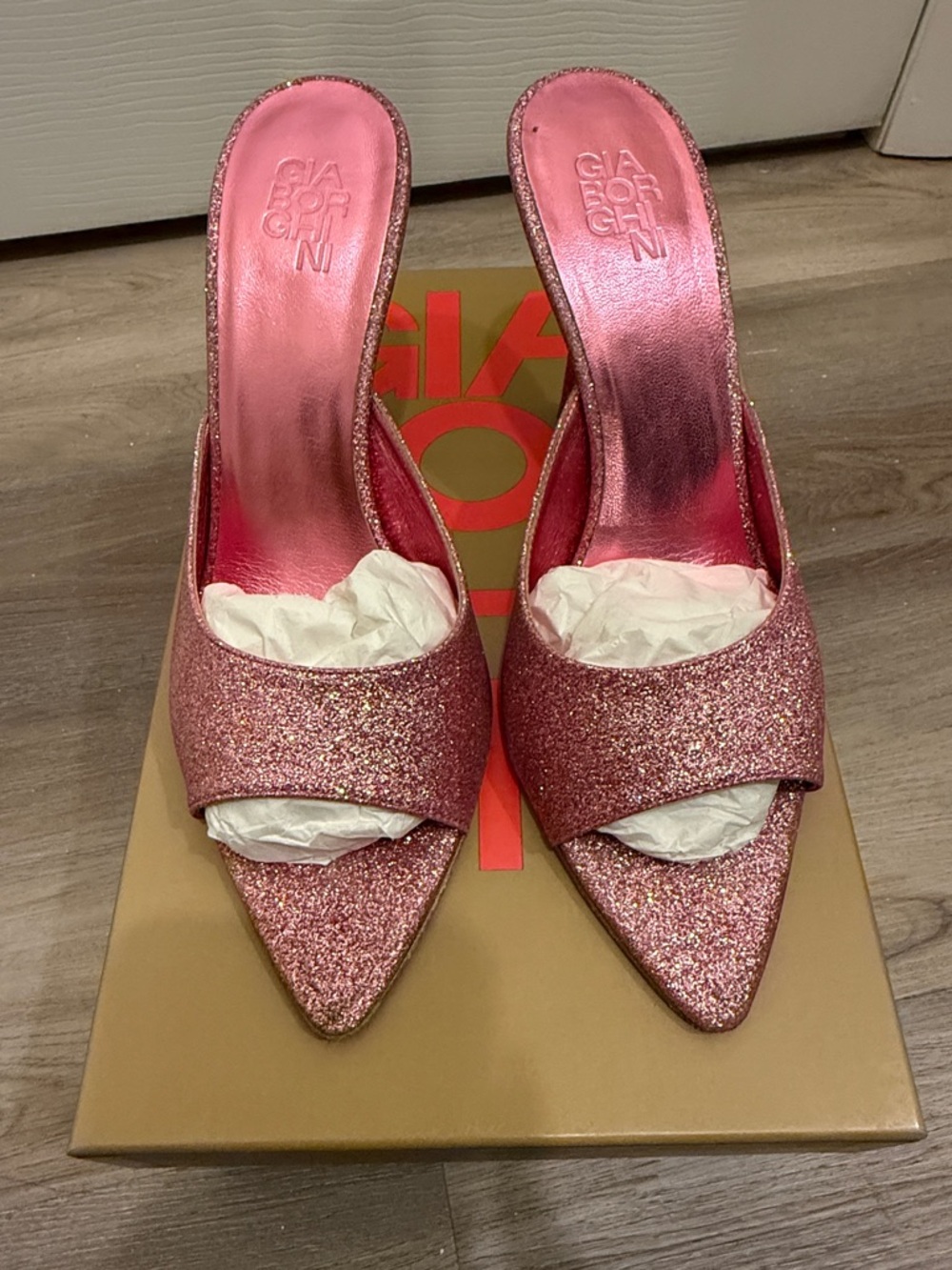 Gia Borghini Sparkling Pink Pointed Open-Back Mules